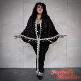 Star Velvet Fortune Teller Robe, Silver Black Witch Celestial Art Nouveau Flowing Dressing Gown, Constellation Oracle Costume, Occult Pagan Wizard Cocoon Robe, Beaded Fringe Kimono Goddess Duster Priestess Dance Wrap Wicca Mystical Festival Majestic