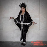 Star Velvet Fortune Teller Robe, Silver Black Witch Celestial Art Nouveau Flowing Dressing Gown, Constellation Oracle Costume, Occult Pagan Wizard Cocoon Robe, Beaded Fringe Kimono Goddess Duster Priestess Dance Wrap Wicca Mystical Festival Majestic