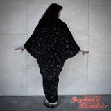 Star Velvet Fortune Teller Robe, Silver Black Witch Celestial Art Nouveau Flowing Dressing Gown, Constellation Oracle Costume, Occult Pagan Wizard Cocoon Robe, Beaded Fringe Kimono Goddess Duster Priestess Dance Wrap Wicca Mystical Festival Majestic
