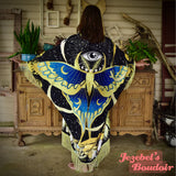 Luna Moth Chartreuse Sage Green Moon Phases Robe, Star Moon Sun Mushroom Black Witch Wings Fortune Teller Duster, Gothic Oracle Kimono, Fringe Celestial Costume, Festival Oddity Robe Flowing Bohemian Dance Goddess Royal Blue Priestess Mystical Eye