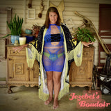 Luna Moth Chartreuse Sage Green Moon Phases Robe, Star Moon Sun Mushroom Black Witch Wings Fortune Teller Duster, Gothic Oracle Kimono, Fringe Celestial Costume, Festival Oddity Robe Flowing Bohemian Dance Goddess Royal Blue Priestess Mystical Eye
