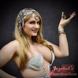 Silver Desert Princess Headpiece, Bohemian Priestess Exotic Fortune Teller Oracle Pagan Burlesque Goddess Costume, Festival Belly Dance Arabian Face Chain Coin Cleopatra Egyptian Headdress, Boho Art Deco Nouveau Empress Unique New Orleans Hand Made