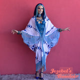 Blue Evil Eye Festival Robe, Trippy Occult Rave Duster, Trippy Bat Wing Fortune Teller Kimono, Oracle Fringe Cover, Belly Dance Costume, Burning Man Oddity Flowing Bohemian Avant Garde Goddess Priestess Mystical