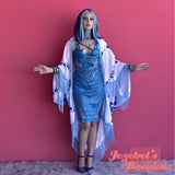 Blue Evil Eye Festival Robe, Trippy Occult Rave Duster, Trippy Bat Wing Fortune Teller Kimono, Oracle Fringe Cover, Belly Dance Costume, Burning Man Oddity Flowing Bohemian Avant Garde Goddess Priestess Mystical