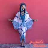 Blue Evil Eye Festival Robe, Trippy Occult Rave Duster, Trippy Bat Wing Fortune Teller Kimono, Oracle Fringe Cover, Belly Dance Costume, Burning Man Oddity Flowing Bohemian Avant Garde Goddess Priestess Mystical
