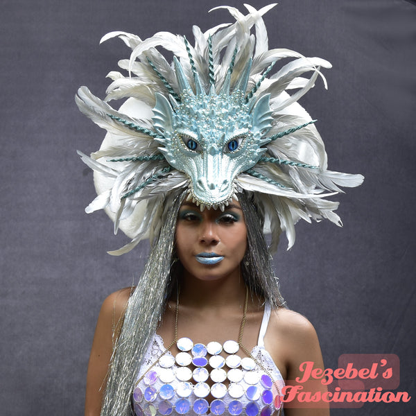 Silver White Ice Blue Dragon Headdress, Frozen Frost Icicle Renaissance Festival Costume Headpiece, Large Unseelie Monster Beast Frost Cosplay Crown, Winter Drogon Viking Goddess Empress Burning Man Festival Queen Nerdlesque New Orleans Crown Carnival