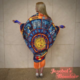 Astrology Wheel Festival Duster, Fringe Bat Wing Fortune Teller Dressing Gown, Crescent Moon Star Sun Oracle Zodiac Priestess Kimono, Cocoon Robe Blue Orange Occult Belly Dance Wrap Wicca Flowing Costume Mystical Goddess Majestic Bohemian Celestial