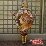 Astrology Duster, Beaded Fringe Robe, Fortune Teller Art Nouveau Alphonse Mucha Bat Wing Dressing Gown, Zodiac Cocoon Golden Poiret Occult Priestess Kimono, Belly Dance Flowing Burlesque Theater Costume Mystical Fantasy Goddess Majestic Bohemian