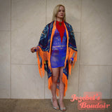 Astrology Wheel Festival Duster, Fringe Bat Wing Fortune Teller Dressing Gown, Crescent Moon Star Sun Oracle Zodiac Priestess Kimono, Cocoon Robe Blue Orange Occult Belly Dance Wrap Wicca Flowing Costume Mystical Goddess Majestic Bohemian Celestial