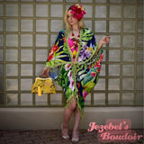 Tropical Floral Kimono, Orchid Caftan Beach Cover, Navy Rainbow Flower Beaded Fringe Cruise Wrap, Tiki Shawl, Exotic Jungle Kaftan, Burlesque Oasis Cocoon Dressing Gown Caribbean Polynesian Hukilau Viva Las Vegas Carnival Mardi Gras Festival