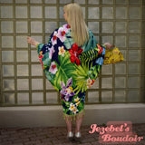 Tropical Floral Kimono, Orchid Caftan Beach Cover, Navy Rainbow Flower Beaded Fringe Cruise Wrap, Tiki Shawl, Exotic Jungle Kaftan, Burlesque Oasis Cocoon Dressing Gown Caribbean Polynesian Hukilau Viva Las Vegas Carnival Mardi Gras Festival