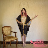 Celestial Moon Phases Star Kimono, Beaded Fringe Duster, Gothic Witch Golden Black Fortune Teller Bohemian Oracle Goddess Bat Wing Mystical Dressing Gown Festival Cocoon Robe Ethereal Poiret Drag Queen Burlesque Costume Occult Priestess Carnival Dance