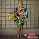 Tropical Floral Kimono, Orchid Caftan Beach Cover, Navy Rainbow Flower Beaded Fringe Cruise Wrap, Tiki Shawl, Exotic Jungle Kaftan, Burlesque Oasis Cocoon Dressing Gown Caribbean Polynesian Hukilau Viva Las Vegas Carnival Mardi Gras Festival