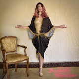 Celestial Moon Phases Star Kimono, Beaded Fringe Duster, Gothic Witch Golden Black Fortune Teller Bohemian Oracle Goddess Bat Wing Mystical Dressing Gown Festival Cocoon Robe Ethereal Poiret Drag Queen Burlesque Costume Occult Priestess Carnival Dance