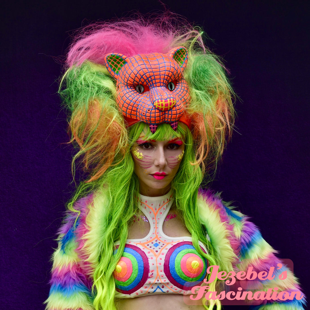 Neon Rainbow 80s Synthwave Grid Lion Headdress, Glowing Cat