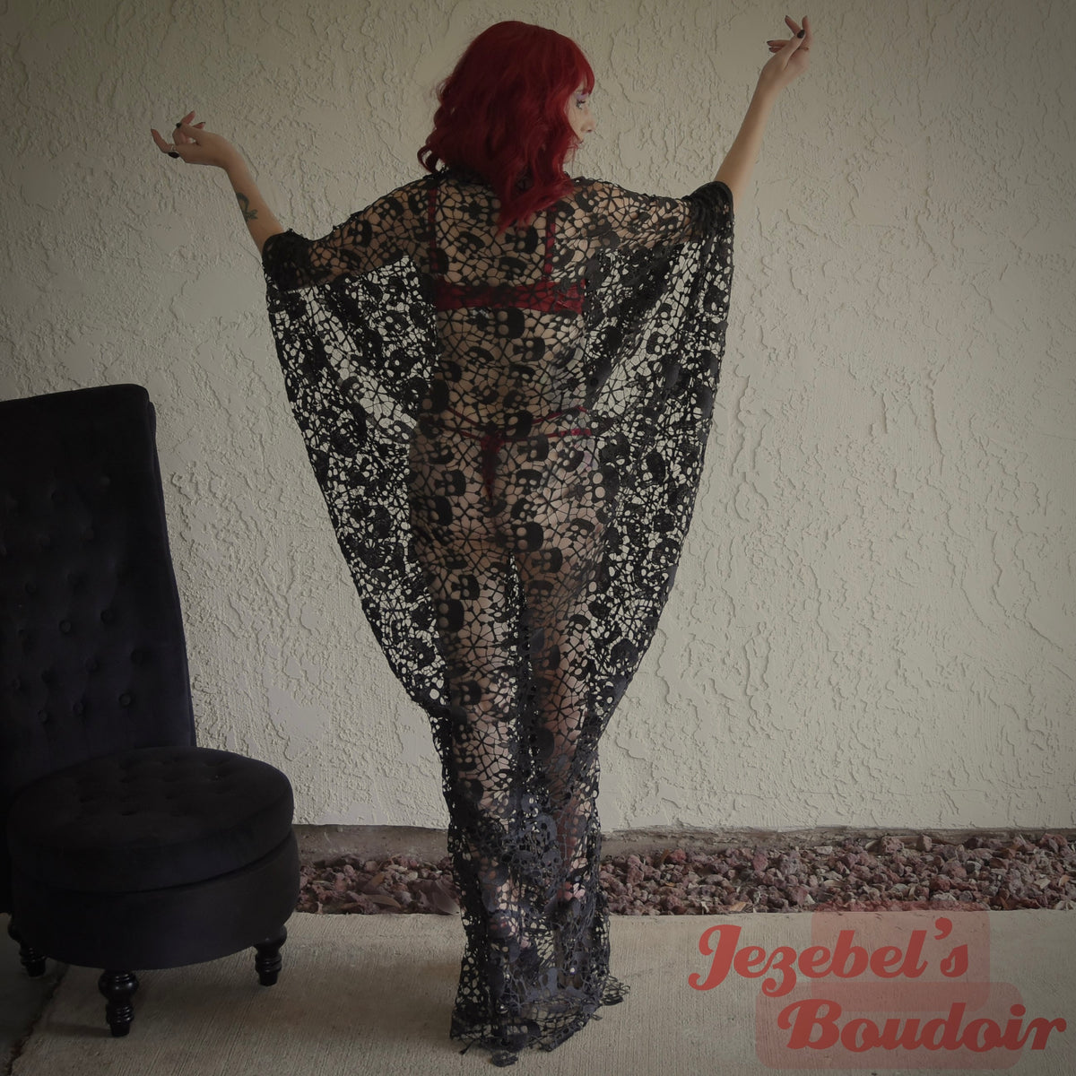 Gothic Black Lace Skull Robe, Ghost Halloween Costume Duster, Bride Ba   Jezebel's Fascination