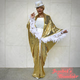 Golden Sequin Bat Wing Gown, Cocoon Dressing Robe, White Feather Fringe Poiret Kimono, Dance Wrap Shawl, Drag Queen Burlesque Duster Costume Mardi Gras Carnival Goddess Majestic Vaudeville Fantasy Jezebel's Boudoir Glamourous