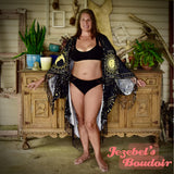 Astrology Taurus Fringe Bat Wing Fortune Teller Costume, Zodiac Star Sign Black Gold Gothic Dressing Gown, Kimono Pagan Robe Sun Moon Duster Occult Priestess Belly Dance Wrap Wicca Flowing Costume Mystical Festival Goddess Majestic Bohemian Celestial