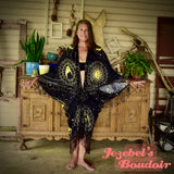 Astrology Taurus Fringe Bat Wing Fortune Teller Costume, Zodiac Star Sign Black Gold Gothic Dressing Gown, Kimono Pagan Robe Sun Moon Duster Occult Priestess Belly Dance Wrap Wicca Flowing Costume Mystical Festival Goddess Majestic Bohemian Celestial