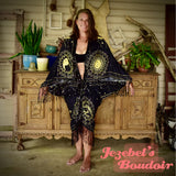 Astrology Taurus Fringe Bat Wing Fortune Teller Costume, Zodiac Star Sign Black Gold Gothic Dressing Gown, Kimono Pagan Robe Sun Moon Duster Occult Priestess Belly Dance Wrap Wicca Flowing Costume Mystical Festival Goddess Majestic Bohemian Celestial