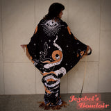 Snakes Art Nouveau Moon Phases Robe, Mystical Eye Star Gold Black Witch Bat Wing Fortune Teller Duster, Oracle Kimono, Flowing Fringe Celestial Dressing Gown, Festival Oddity Robe Flowing Belly Dance Goddess Bohemian Plus Size Costume Priestess Festie