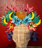 Tiki Monkey Banana Orchid Flower Crown, Pink Orange Fruit Tropical Headpiece, Jungle Leaves Greenery Oasis Hukilau Fascinator, Quirky Dapper Day Tikibilly Headdress, Polynesian Pop Hand Made Festival New Orleans