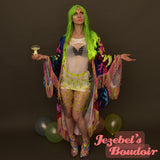 Neon UV Reactive Rainbow Trippy Flowing Duster, Glowing Black Light Kimono, Wonderland Fringe Dressing Gown Cocoon Robe Goddess Belly Dance Wrap Burlesque Costume Festival Boudoir Mardi Gras New Orleans Jezebel's Fascination