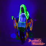 Neon UV Reactive Rainbow Trippy Flowing Duster, Glowing Black Light Kimono, Wonderland Fringe Dressing Gown Cocoon Robe Goddess Belly Dance Wrap Burlesque Costume Festival Boudoir Mardi Gras New Orleans Jezebel's Fascination