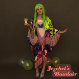 Neon UV Reactive Rainbow Trippy Flowing Duster, Glowing Black Light Kimono, Wonderland Fringe Dressing Gown Cocoon Robe Goddess Belly Dance Wrap Burlesque Costume Festival Boudoir Mardi Gras New Orleans Jezebel's Fascination