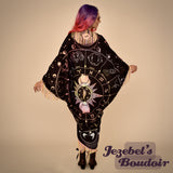 Astrology Wheel Pastel Rainbow Witch Duster, Celestial Crescent Moon Star Sun Bat Wing Dressing Gown, Planet Fortune Teller Zodiac Robe, Flowing Oracle Occult Priestess Pagan Belly Dance Flowing Costume, Mystical Eye Fantasy Goddess Majestic Bohemian