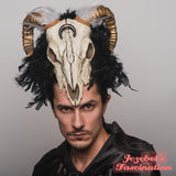 Goat Skull Voodoo Black Headpiece Golden Horns Witch Doctor WGT Gothic Costume Samhain Headdress Baphomet Satan Festival Pagan Devil Tarot Cryptic Demon Shaman Mystical Theater Beelzebub Aries Cosplay Carnival Mardi Gras Ram Inverted Moon God Pagan