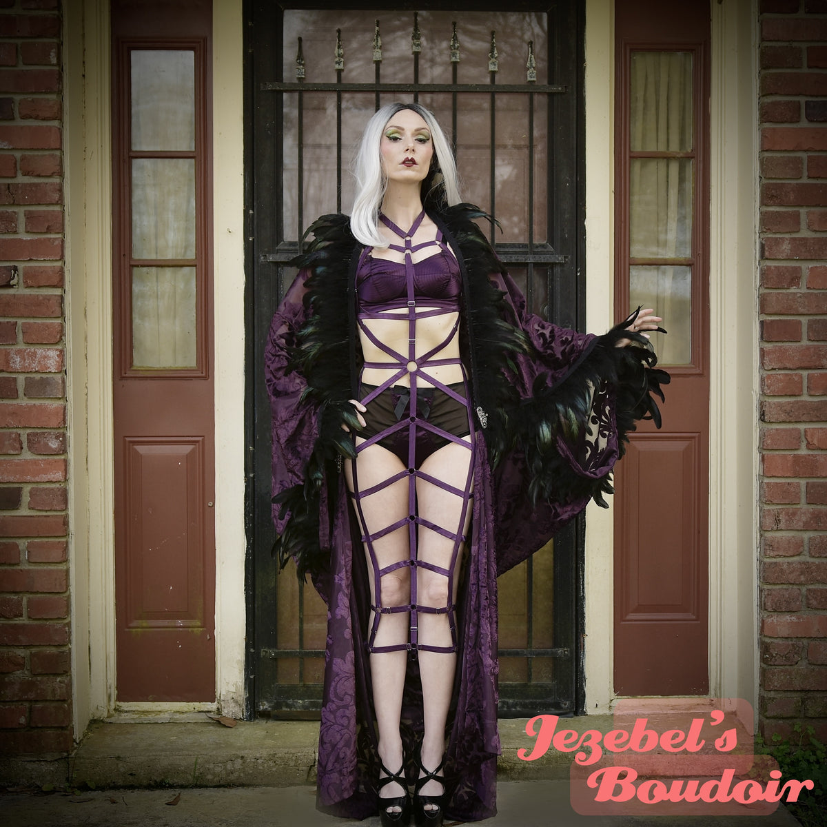 Dark Purple Burn Out Velvet Kimono, Black Feather Fringe Vampire Witch –  Jezebel's Fascination