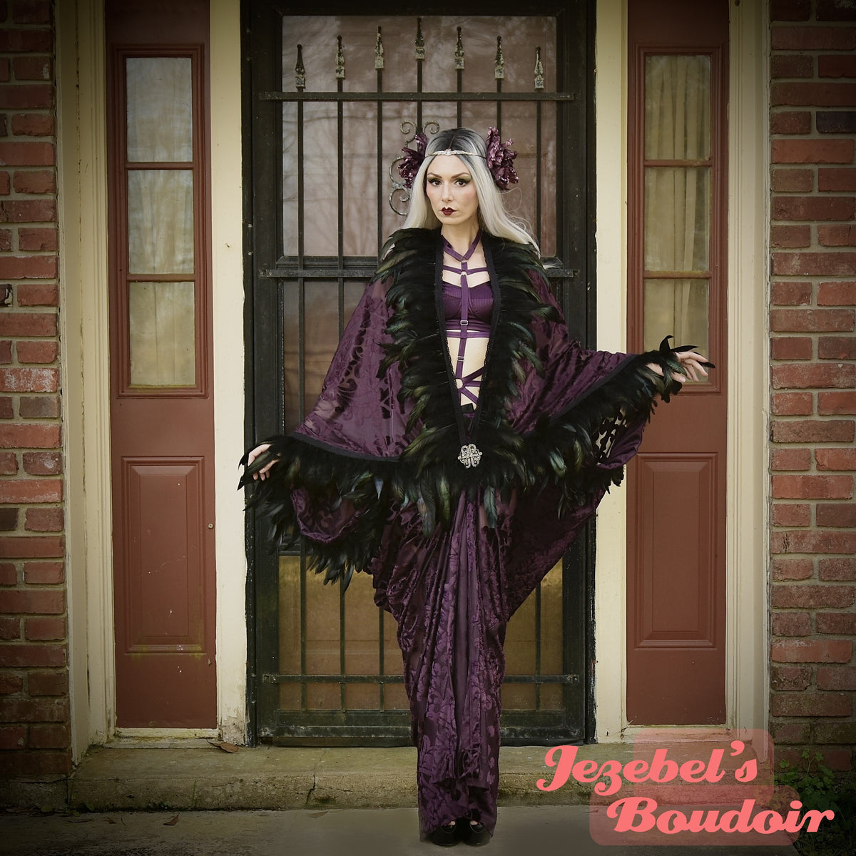 Dark Purple Burn Out Velvet Kimono, Black Feather Fringe Vampire Witch –  Jezebel's Fascination