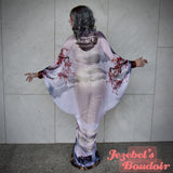 Sheer Satin Art Nouveau Kimono, Chinese Cherry Blossom Pagoda Bat Wing Goddess Dressing Gown, White Red Black Geisha Cocoon Robe, Silk Poiret Flowing Wrap Drag Queen Burlesque Dance Carnival Drop Waist Theater Costume Majestic Boudoir Duster Bohemian