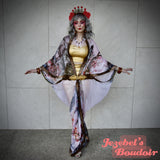 Sheer Satin Art Nouveau Kimono, Chinese Cherry Blossom Pagoda Bat Wing Goddess Dressing Gown, White Red Black Geisha Cocoon Robe, Silk Poiret Flowing Wrap Drag Queen Burlesque Dance Carnival Drop Waist Theater Costume Majestic Boudoir Duster Bohemian
