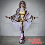 Sheer Satin Art Nouveau Kimono, Chinese Cherry Blossom Pagoda Bat Wing Goddess Dressing Gown, White Red Black Geisha Cocoon Robe, Silk Poiret Flowing Wrap Drag Queen Burlesque Dance Carnival Drop Waist Theater Costume Majestic Boudoir Duster Bohemian