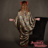 Skull Bat Wing Dressing Gown Gothic Oddity Beaded Fringe Blood Red Witch Occult Fortune Teller Demon WGT Duster Damask Oracle Cocoon Robe Burgundy Poiret Kimono Flowing Black Magic Queen Burlesque Costume Goddess Majestic Halloween Vampire Smoking Jacket