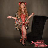 Skull Bat Wing Dressing Gown Gothic Oddity Beaded Fringe Blood Red Witch Occult Fortune Teller Demon WGT Duster Damask Oracle Cocoon Robe Burgundy Poiret Kimono Flowing Black Magic Queen Burlesque Costume Goddess Majestic Halloween Vampire Smoking Jacket