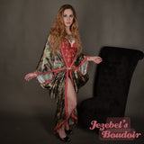 Skull Bat Wing Dressing Gown Gothic Oddity Beaded Fringe Blood Red Witch Occult Fortune Teller Demon WGT Duster Damask Oracle Cocoon Robe Burgundy Poiret Kimono Flowing Black Magic Queen Burlesque Costume Goddess Majestic Halloween Vampire Smoking Jacket