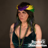 New Orleans Mardi Gras Queen Feather Crown Carnival Purple Green Gold Yellow Fairy Headpiece Festival Fantasy Pixie Oracle Nymph Goddess Renaissance Majestic Rave Headdress Faerie Costume Fey Headpiece Burning Man Circlet Ren Fest Wreath Unique Hand Made