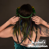New Orleans Mardi Gras Queen Feather Crown Carnival Purple Green Gold Yellow Fairy Headpiece Festival Fantasy Pixie Oracle Nymph Goddess Renaissance Majestic Rave Headdress Faerie Costume Fey Headpiece Burning Man Circlet Ren Fest Wreath Unique Hand Made