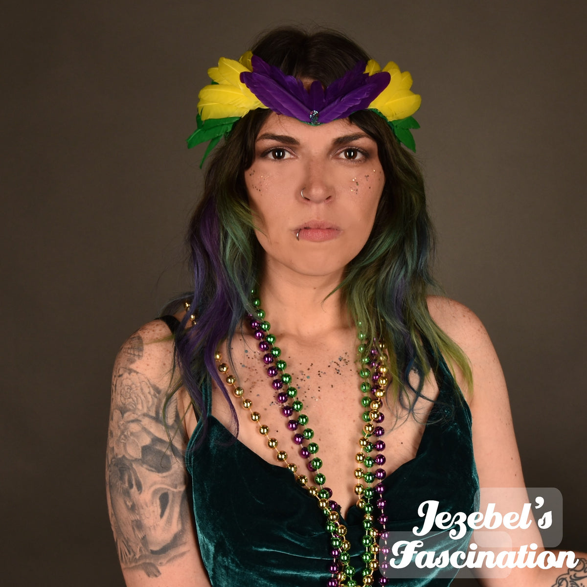 Mardi Gras Feather Headdress Green Purple Gold Queen Crown Celestial S –  Jezebel's Fascination