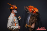 Brown Orange Fedora Skull Dia de los Muertos Candle Pheasant Feather Cempazuchitl Feather Skull Day of the Dead Hat Mens Light Up Cempasuchil Catrin Costume Halloween Cempazuchitl Marigold Festival Party Hand Made Unique New Orleans