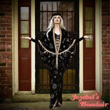Golden Velvet Fortune Teller Robe, Black Witch Celestial Art Nouveau Flowing Dressing Gown, Zodiac Astrology Oracle Costume, Occult Pagan Cocoon Robe, Star Sun Beaded Fringe Kimono Goddess Duster Priestess Belly Dance Wrap Wicca Mystical Festival Majestic