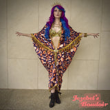 Mystical Mushroom Duster, Satin Celestial Orange Purple Indigo Robe, Beaded Golden Star Fringe, Witch Bat Wing Fortune Teller Duster, Mushroom Oracle Kimono, Majestic Flowing Celestial Dressing Gown, Festival Oddity Belly Dance Goddess Costume Festie