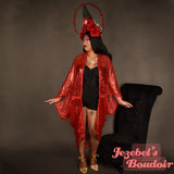 Red Sequin Art Nouveau Bat Wing Dressing Gown Cocoon Robe Fortune Teller Gatsby Oracle Flowing Kimono 1920s Belly Dance Wrap Drag Queen Duster Burlesque Poiret Old Hollywood Glamorous Halloween Costume Carnival Goddess Majestic Jezebel's Boudoir