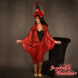Red Sequin Art Nouveau Bat Wing Dressing Gown Cocoon Robe Fortune Teller Gatsby Oracle Flowing Kimono 1920s Belly Dance Wrap Drag Queen Duster Burlesque Poiret Old Hollywood Glamorous Halloween Costume Carnival Goddess Majestic Jezebel's Boudoir