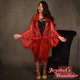 Red Sequin Art Nouveau Bat Wing Dressing Gown Cocoon Robe Fortune Teller Gatsby Oracle Flowing Kimono 1920s Belly Dance Wrap Drag Queen Duster Burlesque Poiret Old Hollywood Glamorous Halloween Costume Carnival Goddess Majestic Jezebel's Boudoir