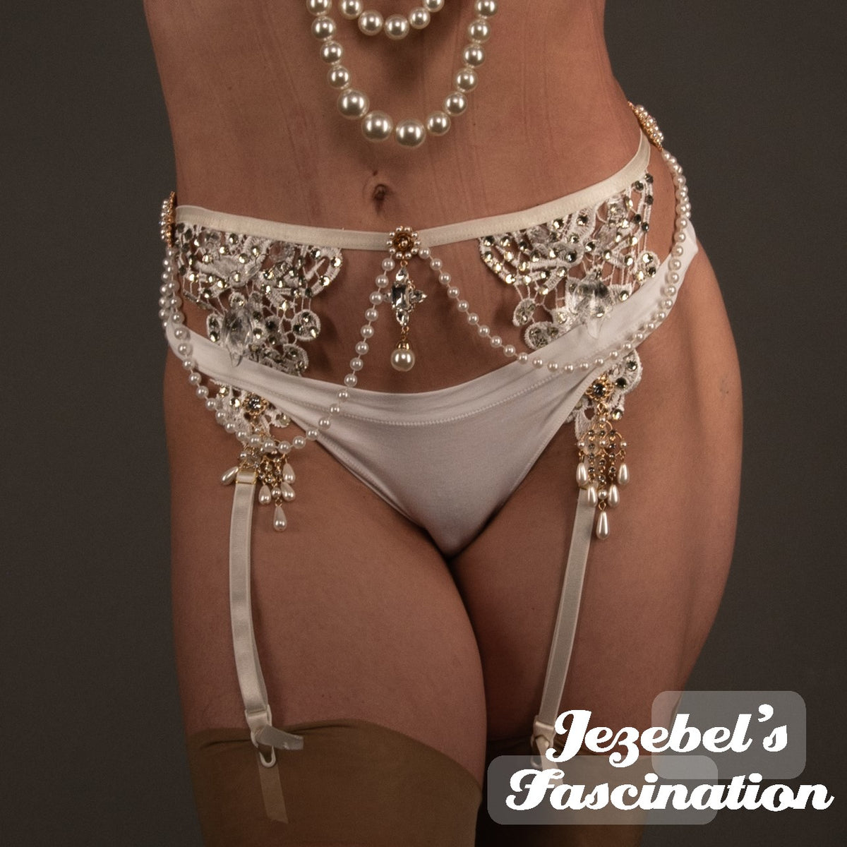 White Sexy Garter Belt Crystal Boudoir Burlesque Pearl Lace Thigh High Jezebel's Fascination White Sexy Garter Belt Crystal Boudoir Burlesque Pearl Lace Thigh High Jezebel's Fascination