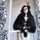 Art Nouveau Bat Wing Gown Cocoon Black Fur Wrap Shawl Drag Queen Burlesque Art Deco Theater 1920s Costume Glamorous Retro Vaudeville Dance Jezebel's Fascination Boudoir Photoshoot Wearable Art Gothic Romantic Festival Theatrical New Orleans